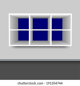 3d isolated Empty blue bookshelf on the wall