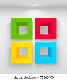 3 d aislados Estantes vacíos de colores para exhibición. Ilustración vectorial.