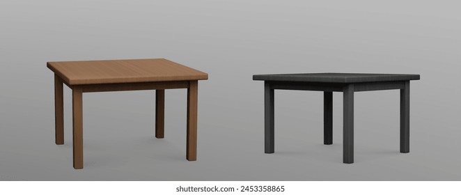 3d isolated empty kitchen or office desk furniture. Wood table stand mockup for exhibition interior. Realistic wooden dinner square surface for cafeteria or restaurant. Black and brown food counter