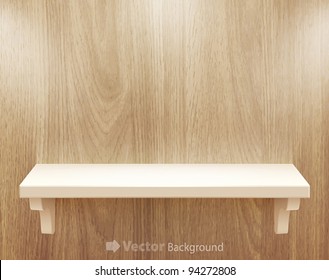 3d isolated Empty shelf for exhibit on wood background. Vector illustration.