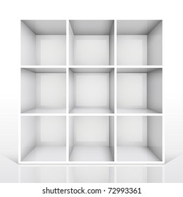 3d isolated Empty white bookshelf. Vector illustration