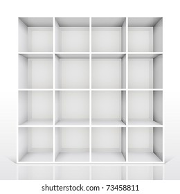 3d isolated Empty white bookshelf. Vector illustration