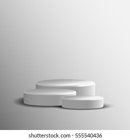 3d isolated Empty white podium on gray background. three-tier winner podium. Three level champion platform. Vector illustration