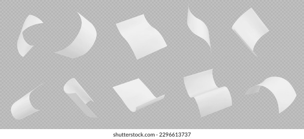 3d isolated fly white paper sheet. Fall document page on transparent background in vector. Realistic office paperwork piece set falling down. Bent and curl A4 scatter away on wind mockup clipart