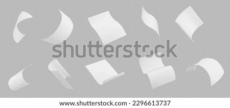 3d isolated fly white paper sheet. Fall document page on transparent background in vector. Realistic office paperwork piece set falling down. Bent and curl A4 scatter away on wind mockup clipart