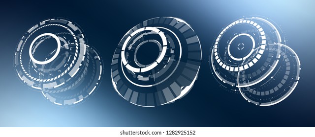 3D Isolated Futuristic Circle Elements Set. Virtual Reality Hologram Technology Concept