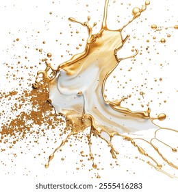 3d isolated gold white acrylic paint liquid splash, brush strokes, splatters, spots, drops. Vector dirty artistic pattern on white background. Modern luxury illustration. Grunge surface 3d texture.