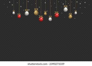 3D Isolated Hanging Decorative Christmas Balls Isolated on Transparent Background. Vintage Gold, Red and White Christmas Tree Balls Frame Template Ribbon Bows New Year and Holiday decorations.
