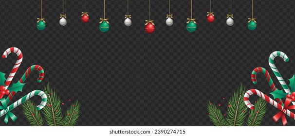 3D Isolated Hanging Decorative Christmas Balls Isolated on Transparent Background. Candy Canes and Red, Green and White Christmas Tree Balls Frame Template Ribbon Bows New Year and Holiday decorations