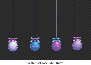 3D Isolated Hanging Decorative Christmas Balls Isolated on Transparent Background. Neon Creative Colors Christmas Tree Balls Frame Template Hanging with Ribbon Bows New Year and Holiday decorations.