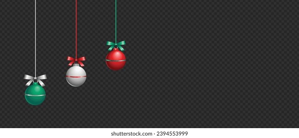 3D Isolated Hanging Decorative Christmas baubles Isolated on Transparent Background. Vintage Silver Red Green and White Christmas Tree Balls Frame Template Ribbon Bows New Year and Holiday decorations