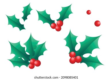 Tiras Holly Aisladas 3D para Navidad y diseño de tarjetas o carteles de Año Nuevo.