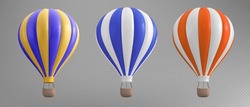 3d Isolated Hoy Air Balloon Basket Travel Illustration On Transparent Background. Realistic Aerostat Set In Red, Blue And Yellow Stripe For Adventure And Recreation. Summer Ballooning Leisure Journey