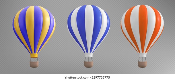 3d ilustración de viaje en globo de aire aislado en fondo transparente. Aerostato realista en franja roja, azul y amarilla para aventura y recreación. Viaje de ocio en globo veraniego