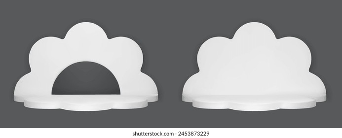 3d isolated product display white podium. Daisy flower and cloud vector pedestal mockup for cosmetic presentation. Arch window stage object for minimal studio show element. Realistic paper cut design