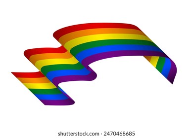 3D Isolated Rainbow Pride Flag. Waving curled gay rainbow flag on white background.  Vector Illustration. 