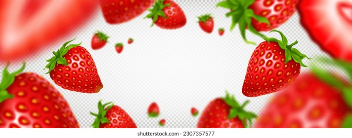 3d isolated realistic strawberry fruit slice frame on transparent background. Half cut red flying berry summer graphic design. Falling sliced summer natural product group border decoration with blur