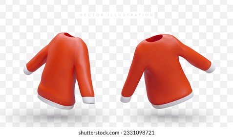 3D isolated red sweatshirt with white cuffs. Front and back view. Modern clothes without prints, labels, inscriptions. Color vector image for web design