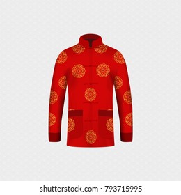 3D isolated of red traditional Chinese cloth for male with golden mandala pattern design on white oriental pattern. concept for typical dressing to celebrate Chinese new year in vector illustrative