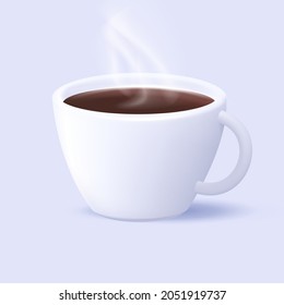 3d isolated render illustration or icon of white coffee cup with hot beverage with steam