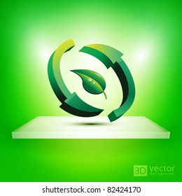 Estanque aislado 3D con signo de reciclado dentro de una hoja - ilustración del vector EPS10