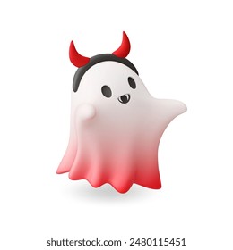 3d isolated spooky ghost. Halloween vampire costume. Phantom with devil horns, crazy specter. Party monster, realistic vector render element