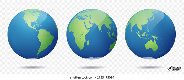 3D isolated vector earth, globe with view of the continents of North and South America, Europe, Asia, Africa