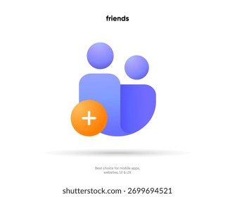 Elementos vetoriais isolados 3d. Mínimo moderno adicionar amigo, pessoas, ícone de contato símbolo emblema. ícone 3d azul adicionar amigos. Ícones de aplicativo móvel. Mockup de UX de interface do usuário do dispositivo.