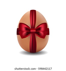 3d isolated vector image of brown easter egg. Easter egg decorated with red ribbon with bow 
