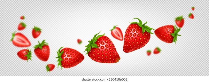 3d isolated vector strawberry fruit slice wave. Realistic red fresh flying cut and whole berry food with seed blur dynamic creative composition. Summer falling product organic harvest decoration