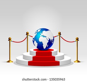 3d isolated white podium with red carpet and globe. Vector illustration.