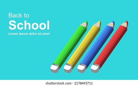 3d isometric 4 color pencils. Four wooden pencil for writing something. Pattern seamless for creative design. Academy business, Back to School, Kid learning, Teacher working concept
