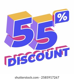 3D isometric 55% Discount text with vibrant colors, perfect for sales, promotions, and marketing materials