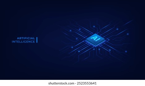 Chip de IA isométrica 3D en placa de tecnología de circuito. Inteligencia Artificial y Tecnología de Aprendizaje Automático. Procesador de CPU y semiconductor. Ilustración vectorial