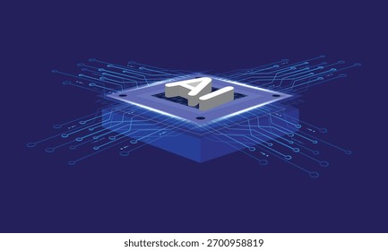 3D Isometric AI chip on circuit tech board. Artificial Intelligence and Machine Learning Technology