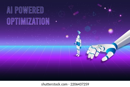 3D Isometric AI(Artificial Intelligence) Concept With Robotic Mechanical Arm, Futuristic, Robotics Machine And Deep Learning On Ultraviolet Background. Vector Illustration Eps10