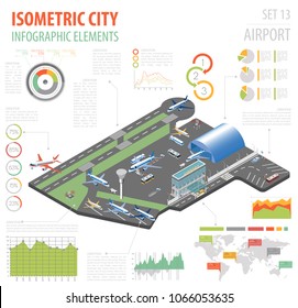 3d isometric airport and city map constructor elements isolated on white. Build your own infographic collection. Vector illustration