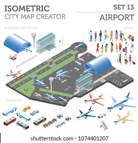 3d isometric airport and city map constructor elements isolated on white. Build your own infographic collection. Vector illustration