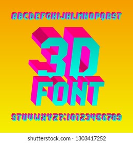3D isometric alphabet font. 3d effect bright letters and numbers. Stock vector typescript for your design.