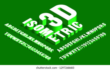 3D isometric alphabet font. White and green. 3d effect letters and numbers with shadows. Stock vector typeface for your typography design.