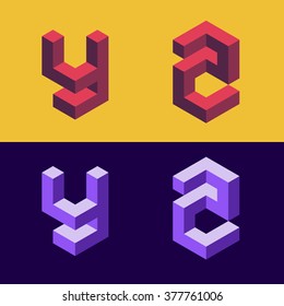 3d isometric alphabet. Letters Y,Z