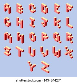 3D isometric alphabet in the style of pixel art pink and red on a light blue background