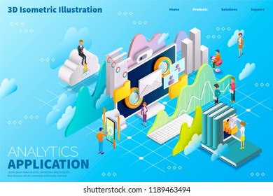 3d isometric analytics application concept with graphs, charts symbols and business people