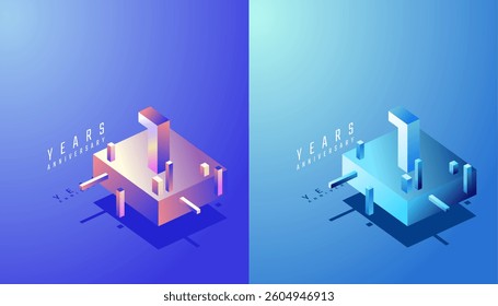 3D Isometric Anniversary Design 1st, 1st Years Anniversary in Colourful Gradient. Tech, Futuristic and Modern concept.