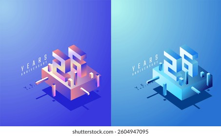 3D Isometric Anniversary Design 26th, 26th Years Anniversary in Colourful Gradient. Tech, Futuristic and Modern concept.