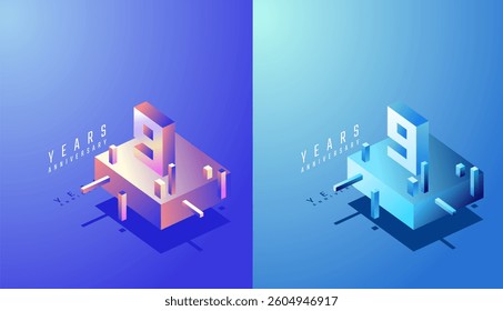 3D Isometric Anniversary Design 9th, 9th Years Anniversary in Colourful Gradient. Tech, Futuristic and Modern concept.