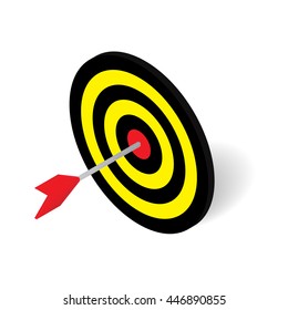 3D isometric arrow target hitting in bullseye of dartboard icon for business accuracy and sport concept,  vector illustration design isolated on white background
