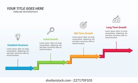 3D Isometric Arrow Timeline Infographic Presentation Template on 16:9 Ratio with Icon and Four Options or Steps for Business Presentations, Finance Reports, Business Planning, and Yearly Reports.