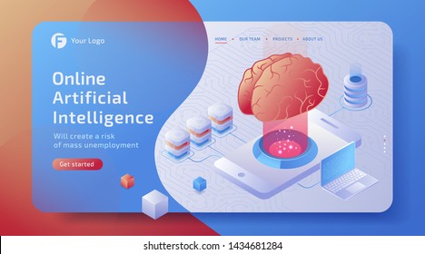 3D isometric Artificial intelligence (AI) mobile connection concept with digital brain. Mobile future technology. Technological banner template. Business illustration.