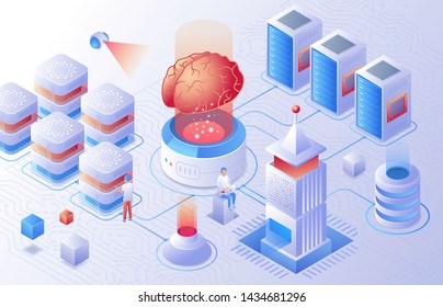 3D isometric Artificial intelligence (AI) data connection concept with digital brain. Network future technology banner template. Business illustration.